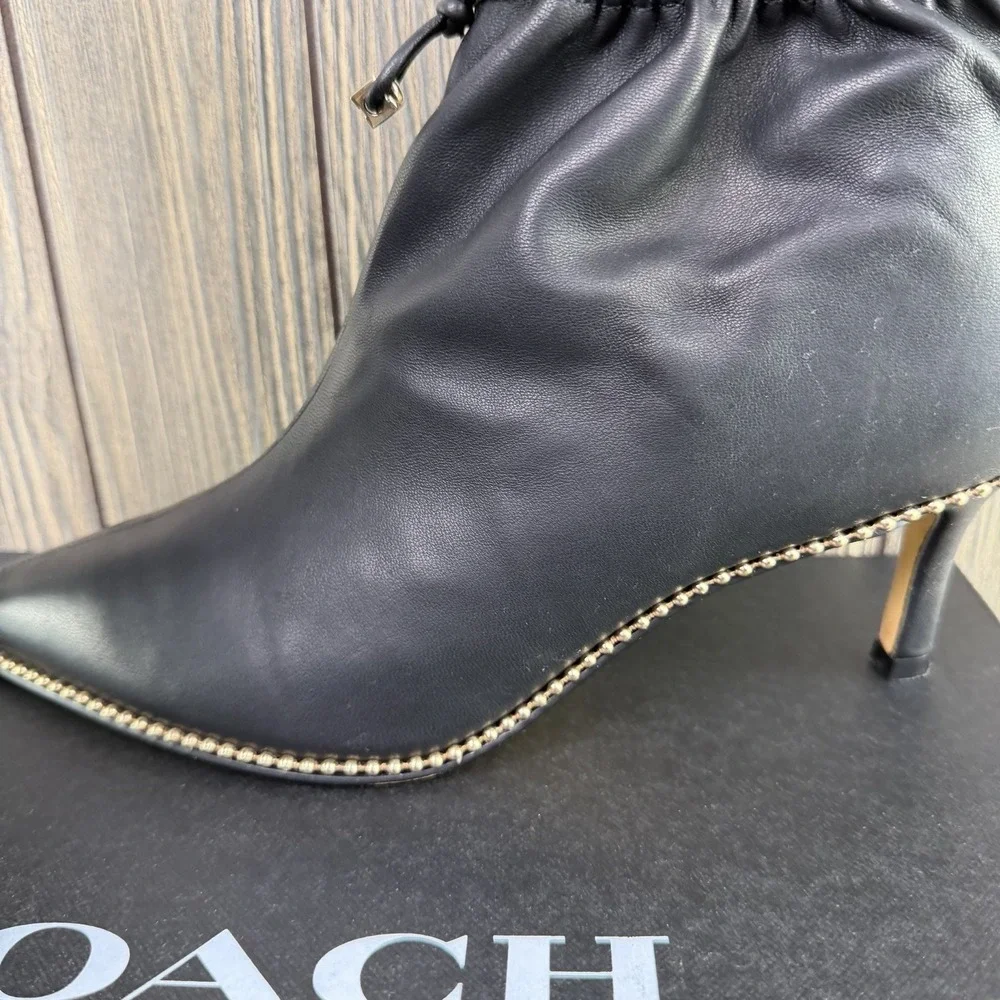 Coach Wynie Bootie C6762 Black Leather Pointed Toe Drawstring Boots Women's 9 B